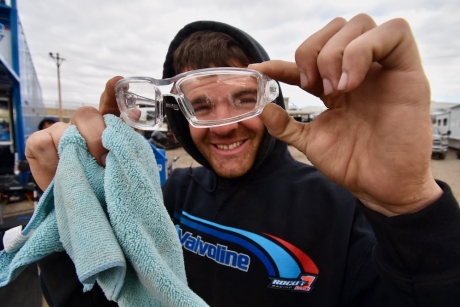 Joel Rogers wore scratched safety glasses on a windy night. (DirtonDirt)