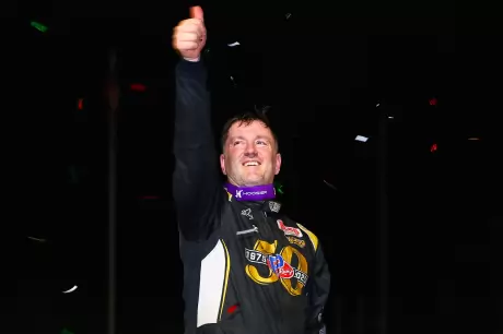 Tim McCreadie gives a thumbs-up after his Volusia win. (Josh James)