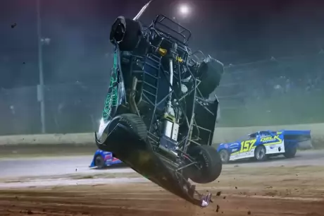 Mason Zeigler's flipping wreck at Eldora. (joshjamesartwork.com)