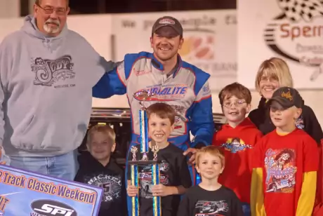 Brian Birkhofer enjoys victory lane. (DirtonDirt.com)