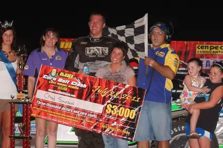 Chad Simpson enjoys victory lane at C.J. Speedway for the second straight year. (K.C. Rooney)
