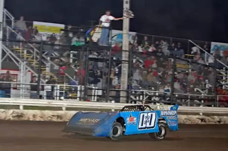 Chance Bishop crosses the finish line for his first CLMA victory. (finishlinephoto.smugmug.com)